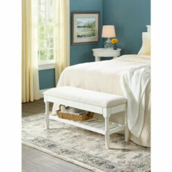 Vermont Country Store Craftsbury Solid Wood Upholstered Bench White