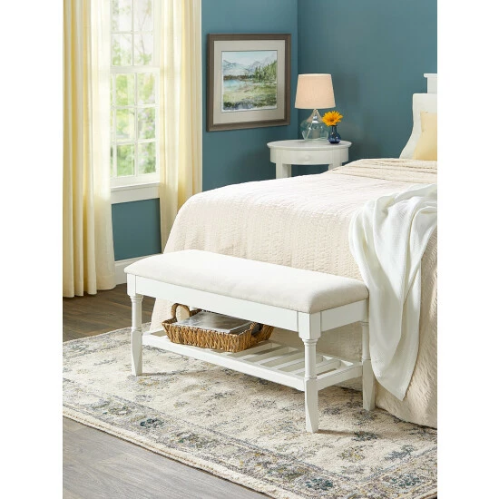 Vermont Country Store Craftsbury Solid Wood Upholstered Bench White