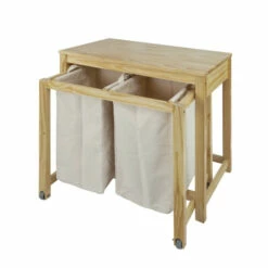 Vermont Country Store Solid Wood Dual Hamper Rolling Laundry Station