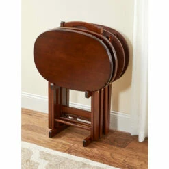 Vermont Country Store Oval Snack Table Set With Storage Cart, 4 Tables Brown