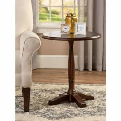 Vermont Country Store Solid Wood Round Side Table With Reeded Pedestal Light Gray