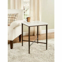 Vermont Country Store Square Metal Table With Marble Top White