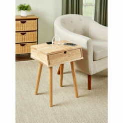 Vermont Country Store Modern Solid Wood Side Table With USB Ports Natural