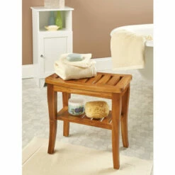 Vermont Country Store Genuine Teak Spa Bench With Shelf Brown