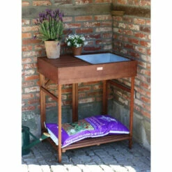 Vermont Country Store Folding Hardwood Potting Table With Removable Bucket Brown