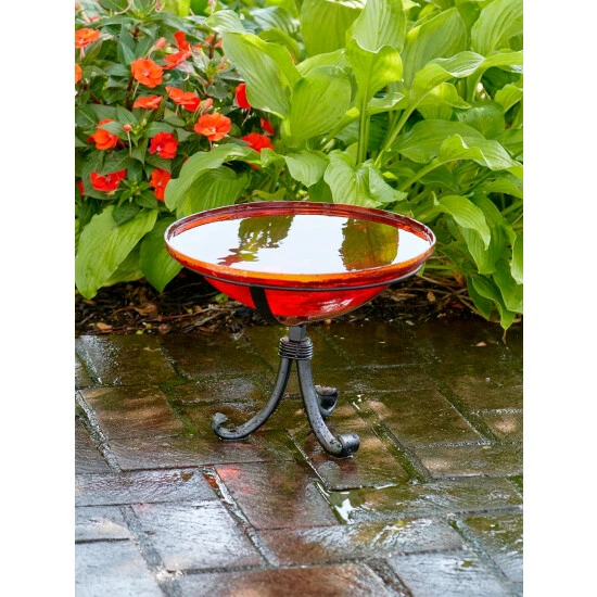 Vermont Country Store Crackle Glass Birdbath With Tripod Stand Green