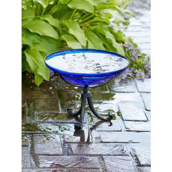 Vermont Country Store Crackle Glass Birdbath With Tripod Stand Green - Image 4