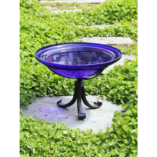 Vermont Country Store Crackle Glass Birdbath With Tripod Stand Green - Image 5