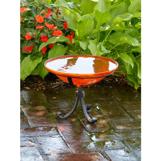 Vermont Country Store Crackle Glass Birdbath With Tripod Stand Green - Image 6