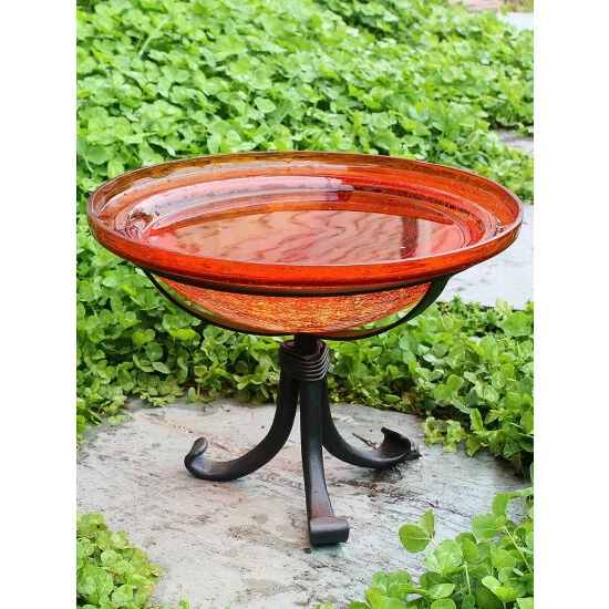 Vermont Country Store Crackle Glass Birdbath With Tripod Stand Green - Image 7