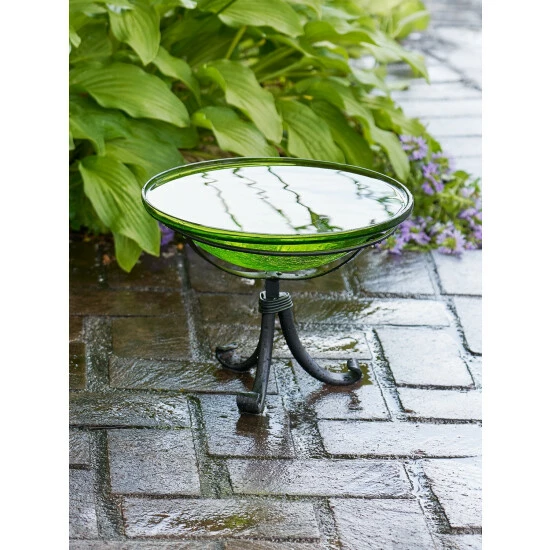 Vermont Country Store Crackle Glass Birdbath With Tripod Stand Green - Image 8