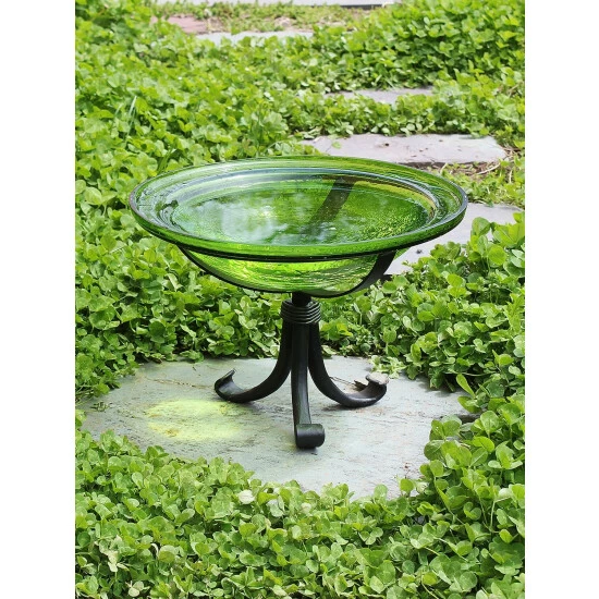 Vermont Country Store Crackle Glass Birdbath With Tripod Stand Green - Image 9