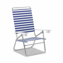 Vermont Country Store High-Boy Beach Chair With Cup Holder Blue Stripe