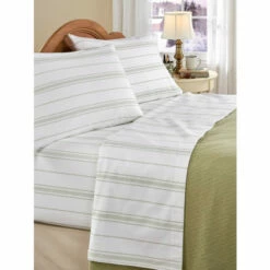 Vermont Country Store Striped Portuguese Cotton Flannel Sheet Set Sage Stripe And White