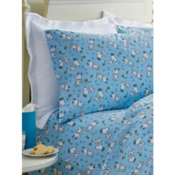Peanuts Dancing Snoopy And Woodstock Portuguese Cotton Percale Sheet Set Light Blue