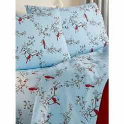 Vermont Country Store Cardinal And Chickadee Portuguese Cotton Flannel Sheet Set Light Blue