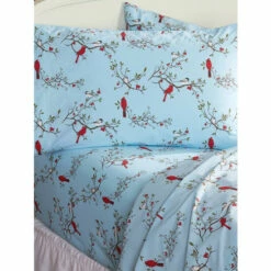 Vermont Country Store Cardinal And Chickadee Portuguese Cotton Percale Sheet Set Light Blue