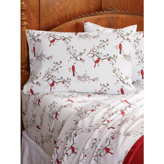 Vermont Country Store Cardinal And Chickadee Portuguese Cotton Percale Sheet Set Light Blue - Image 2