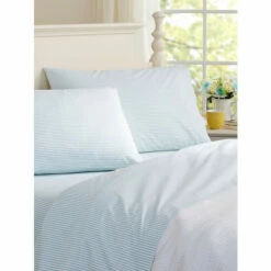 Vermont Country Store Bright Stripe Portuguese Cotton Percale Sheet Set Turquoise Blue