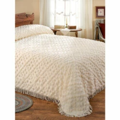 Vermont Country Store Diamond Chenille Cotton Bedspread Ivory