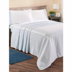 Vermont Country Store Striped Seersucker Portuguese Cotton Percale Bedspread Blue Stripe