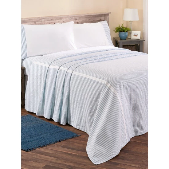 Vermont Country Store Striped Seersucker Portuguese Cotton Percale Bedspread Blue Stripe - Image 4