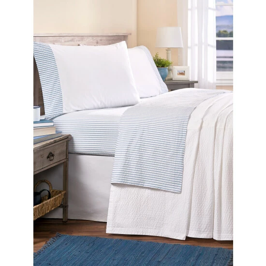 Vermont Country Store Striped Seersucker Portuguese Cotton Percale Bedspread Blue Stripe - Image 6