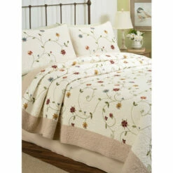 Vermont Country Store Blooming Vines Embroidered Cotton Quilt Or Pillow Sham Pair Ivory