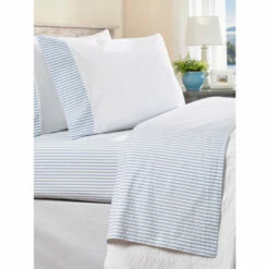 Vermont Country Store Open-Stock Striped Seersucker Portuguese Cotton Sheets Blue Stripe