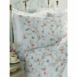 Vermont Country Store Butterfly Garden Portuguese Cotton Percale Sheet Set Light Blue