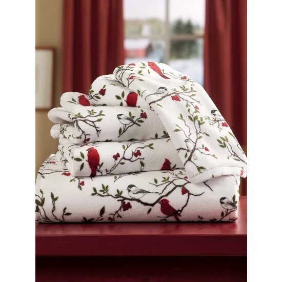 Vermont Country Store Cardinal And Chickadee Portuguese Cotton Bath Towel Collection White - Image 2