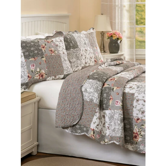 Vermont Country Store Twilight Reversible Quilt And Pillow Sham Set Gray Floral