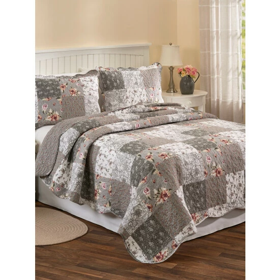Vermont Country Store Twilight Reversible Quilt And Pillow Sham Set Gray Floral - Image 2