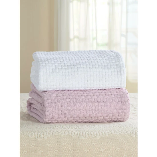 Vermont Country Store Basket-Weave Cotton Blanket Or Throw Lilac - Image 2
