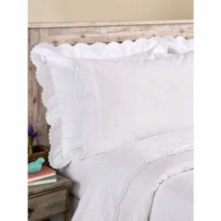 Vermont Country Store Double Scalloped Embroidered Cotton Percale Comforter Cover And Pillow Sham Set White
