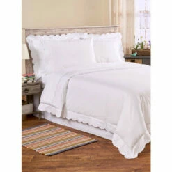 Vermont Country Store Double-Scalloped Embroidered Cotton Percale Sheet Set White