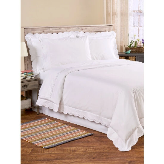 Vermont Country Store Double-Scalloped Embroidered Cotton Percale Sheet Set White