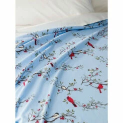 Vermont Country Store Portuguese Cotton Flannel Print Sheet-Blanket In Blue Cardinal And Chickadee