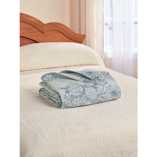 Vermont Country Store Ultra-Soft Beautiful Bouquets Jacquard Blanket Or Throw Ivory