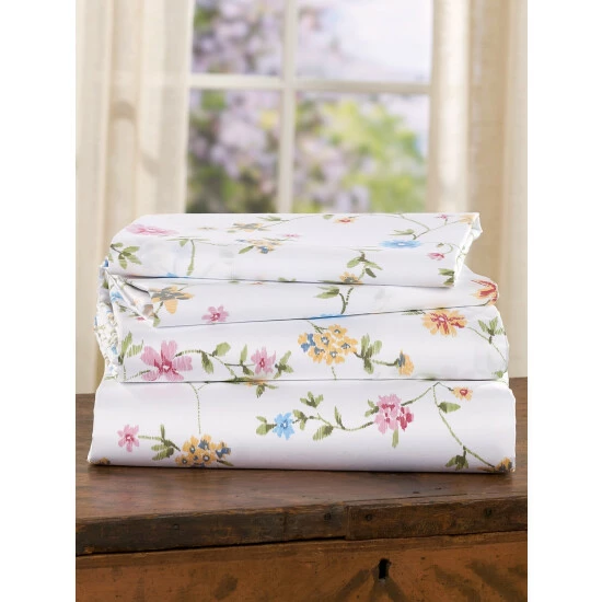 Vermont Country Store Charming Blossoms Portuguese Cotton Supreme Sateen Sheet Set White