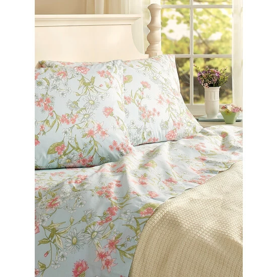 Vermont Country Store Daisy Floral Portuguese Cotton Percale Sheet Set Blue - Image 2
